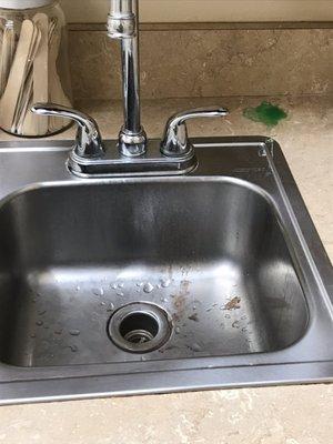 Pool of dried up soap on counter.  Not new.  Been there for days.  Sink is filthy