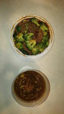 Broccoli beef and hot and sour soup.