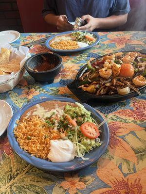 Chicken, beef, and shrimp fajitas for two!