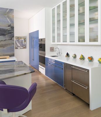 Kitchen remodel featuring back painted glass cabinet and refrigerator/freezer doors