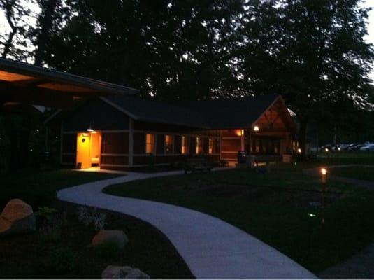 Nighttime view of the Hilton and Lehner cabins which overlook Rex Lake