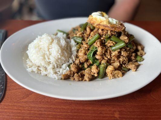 Ground chicken with green beans with sunny side egg on top with rice. Husband loved it. Brought 1/2 home - large servings.