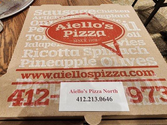 Pizza Box. Phone Number. Aiello's Pizza North.