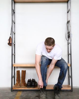 Our Shelving unit can be used as hallway tree by simply re-arranging shelves. Made from 2" thick Red Oak and 1" square steel tubing