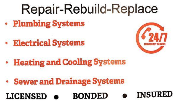 Ensure Mechanical does Plumbing, HVAC, Electric and Sewer/Drainage systems. Both residential and commercial.