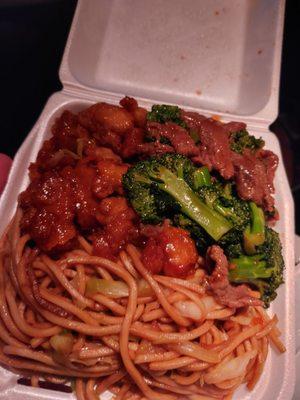 All the for $10 dollars. Chow mein, orange chicken, and beef with broccoli.