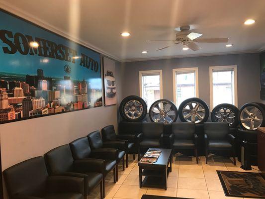 The Lobby for customers with coffee, tv, magazines, coke machine