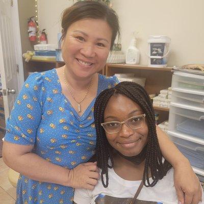 My daughter after getting her nails done for the first time and a hug from the best, Anna.