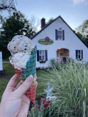 Fat Elvis ice cream in a festive waffle cone for the 4th of July