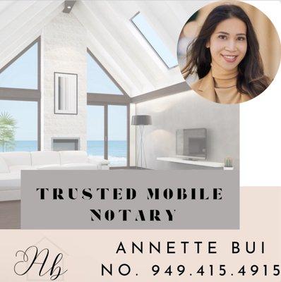 Trusted mobile notary and loan signing agent. Text or call me at 949.415.4915 for an appointment!