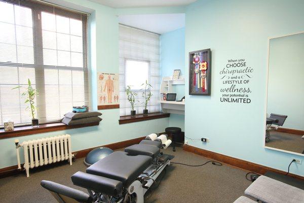 Second treatment room. Our mechanized table makes it easier for pregnant patients and those with back pain to be lowered into position.