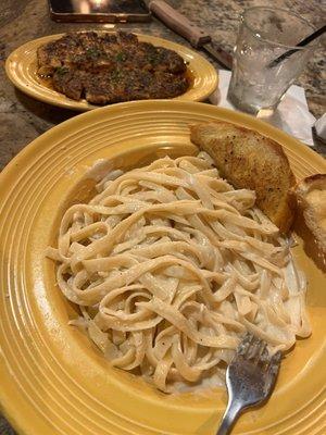 Fettuccini with blackened chicken.