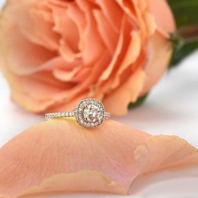 Champagne vintage recycled diamon set in white gold pave diamond engagement ring