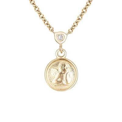 This delightful and delicate14k yellow gold mini cherub diamond dangle necklace.