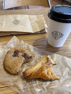 lavender latte, white chocolate guava cookie, guava and cheese pastelitos