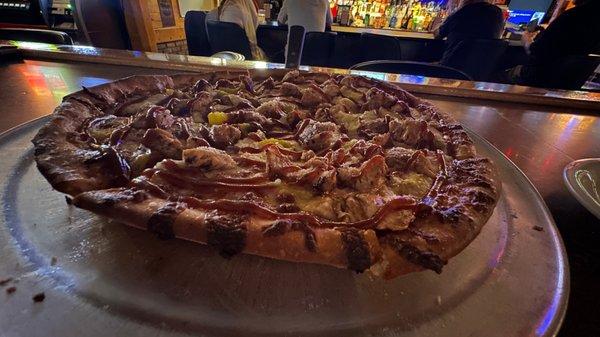 BBQ chicken pizza with banana peppers