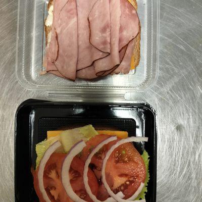 Toasted Ham Sandwich with Mayo, Cheese, Lettuce, Tomato, sweet onion