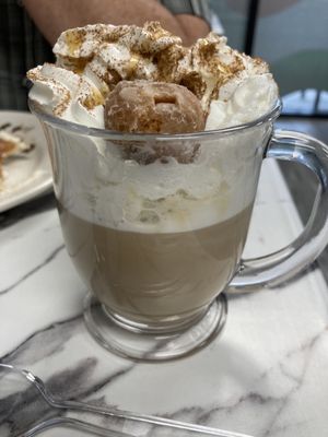 Large pumpkin spice latte with donut hole