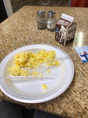 Simple breakfast. They have waffles, eggs, biscuit, milk, cereal, bread