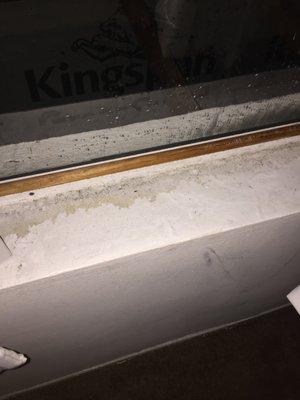 Wet and warped window sill as rain enters through the bedroom window