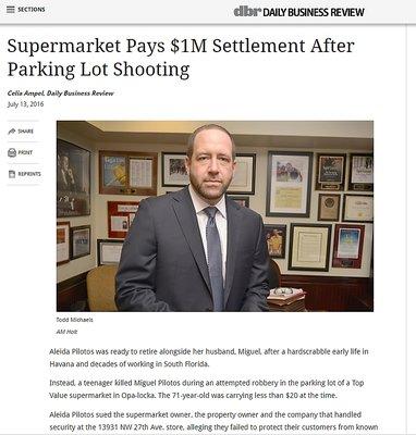 Crime Victim Attorney Todd Michaels featured in Newspaper for $1 million settlement in negligent security case in Miami