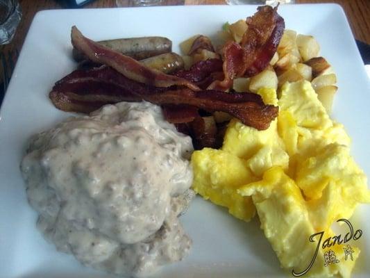 Bacon, Sausage, Cheese Omelette, Sausage Biscuit Gravy.