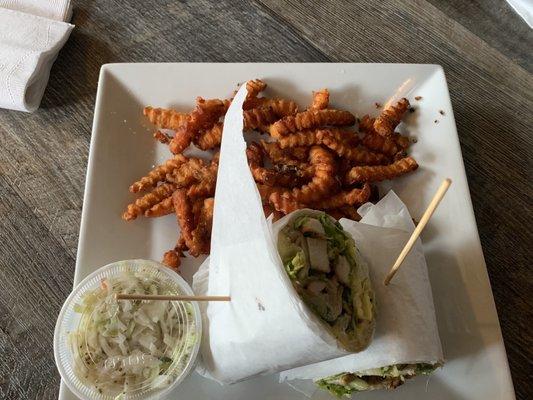 grilled chicken caesar wrap with sweet potato fries