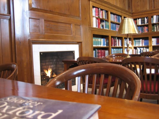 In the wintertime, cozy up by the fireplace in Perrot's reference room