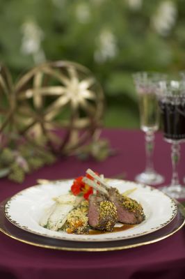 MEDITERRANEAN PAIRED PLATE HERB ROASTED BRANZINO, Citrus Butter PISTACHIO CRUSTED RACK OF LAMB, Pomegranate Sauce HARICOT VERTS and WAX BEAN