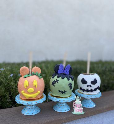 Mickey Mouse, Minnie Mouse Frankenstein and jack skellington caramel apples