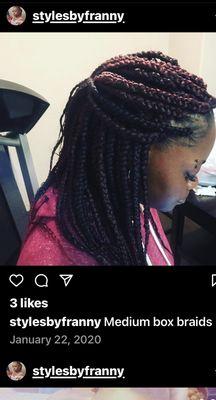 Big box braids, short length. Inbox for details.