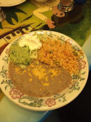 Beans, rice, guacamole and sour cream