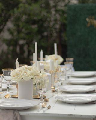 Birthday Dinner Using Our Gold Rim Water Goblets, Enzo Flatware, White Farm Table, & Velvet Napkins