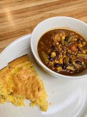 Everything but meat chili 
Non-dairy corn bread