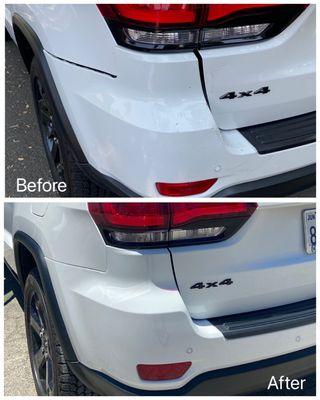 Before and after rear bumper repair and repaint.