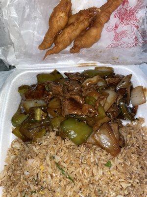 Combo plate: Pepper steak, shrimp fried rice and chicken sticks