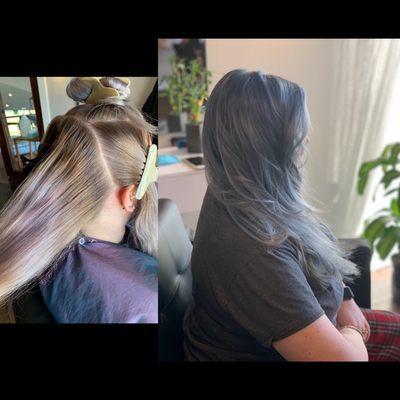 Before and after. Purple to silver ombré.