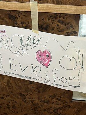 Evie, the shop owner's ~5 year old relative, drew this for the shop!