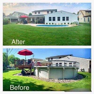 A recent backyard renovation with inground pool coping, poolscape, patio, grading and sod installation in