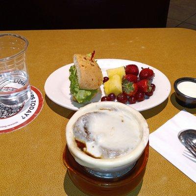 Everything seemed exceptionally good tonight. French onion soup, salmonwich, fruit cup, yogurt dip. About $12.  2/17/23.