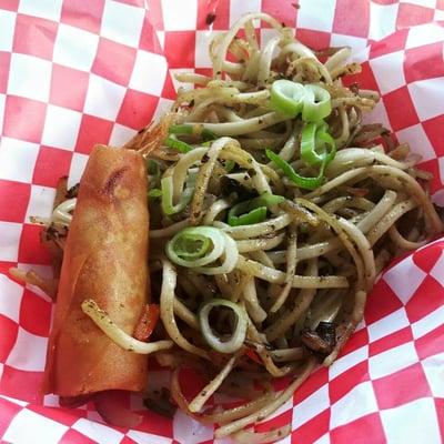 Hip-on the baboy: Shrimp and pork lumpia with fried pesto noodles