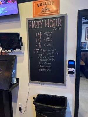 Happy Hour Menu $6 dollar crushes  $5 Crafts and wines $4 domestic  ** $7 half rack of ribs