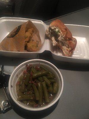 Chicken saladwich, fried okra and green beans