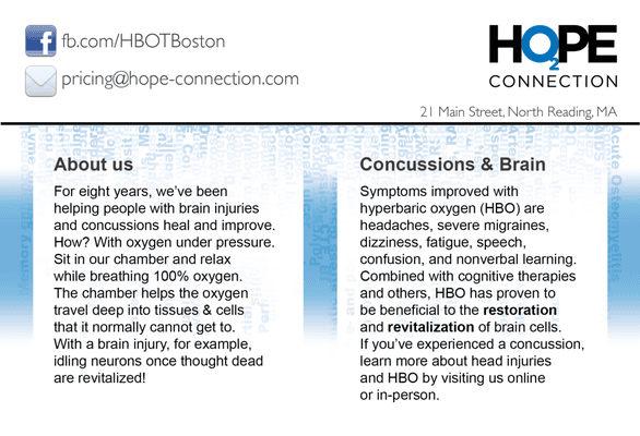 Brain injuries (including concussions) can be helped with HBOT. Stroke and anoxic brain injury are helped greatly with HBOT.