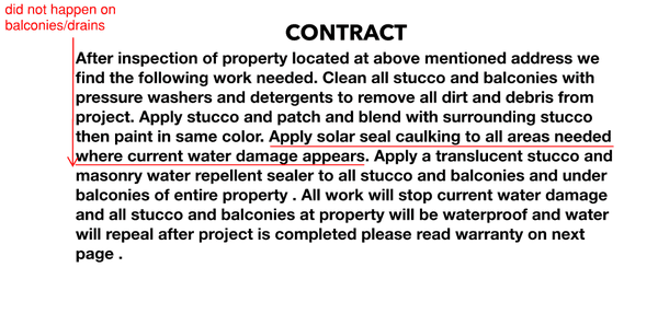 Scope of work including portion of work that was not performed (sealing and caulking).