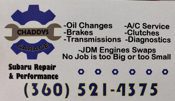 Chaddys Garage business card