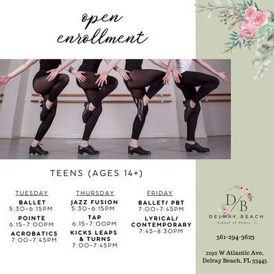 Here is our Teen schedule for the Spring Season!! 

Ages 14-18
All styles
Beginner + Advanced dancers welcome