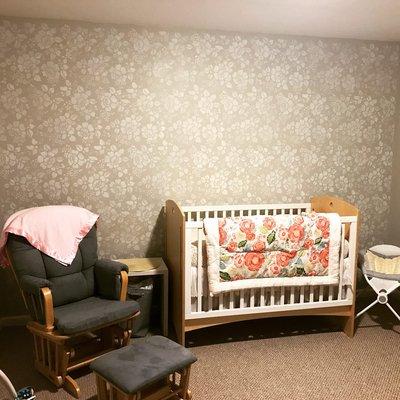 Custom wall stenciling takes the place of wallpaper adds interest to any room!