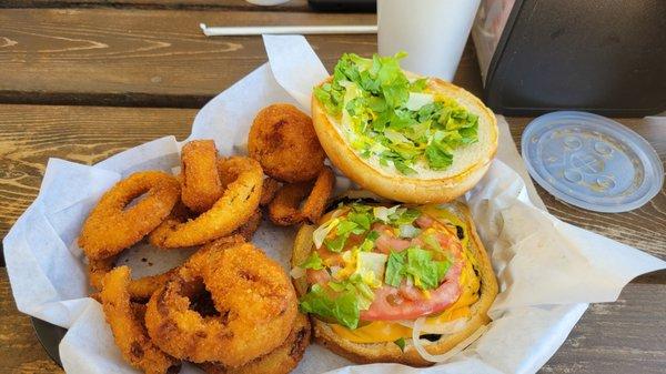 Dressed cheeseburger basket.