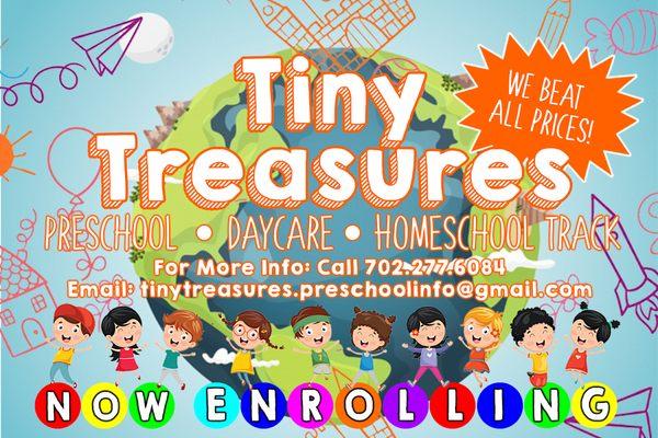 Tiny Treasures Preschool!
*Full Time
*Part Time
*Home School Track Available
*Preschool age